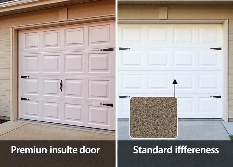 Side by side comparison of premium insulated garage door versus standard door showing quality differences