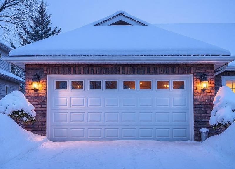 Residential garage door in winter snow scene with icicles on roof - winter maintenance concept